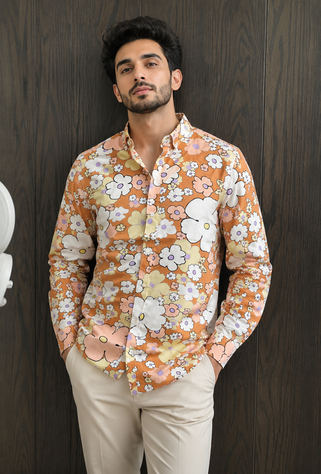 MEN'S BRUNT ORANGE PRINTED COTTON CASUAL SHIRT