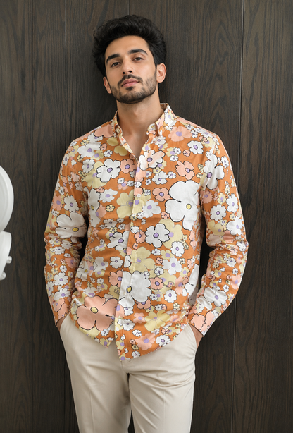 MEN'S BRUNT ORANGE PRINTED COTTON CASUAL SHIRT
