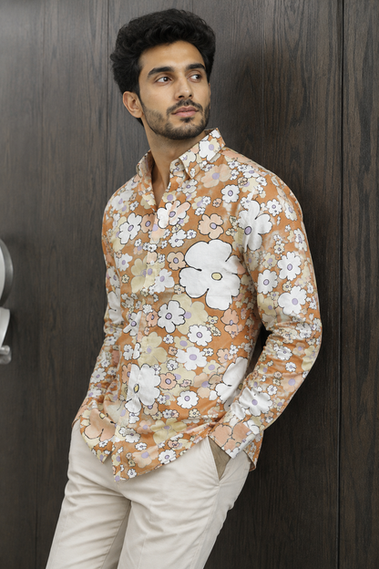MEN'S BRUNT ORANGE PRINTED COTTON CASUAL SHIRT