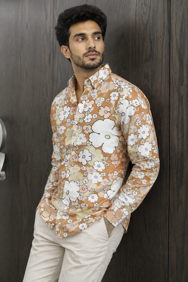 MEN'S BRUNT ORANGE PRINTED COTTON CASUAL SHIRT