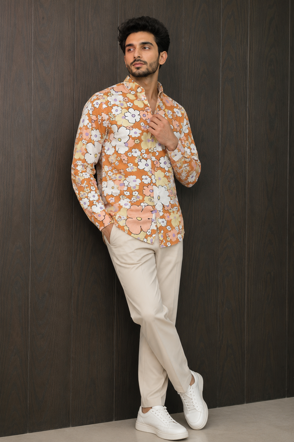 MEN'S BRUNT ORANGE PRINTED COTTON CASUAL SHIRT