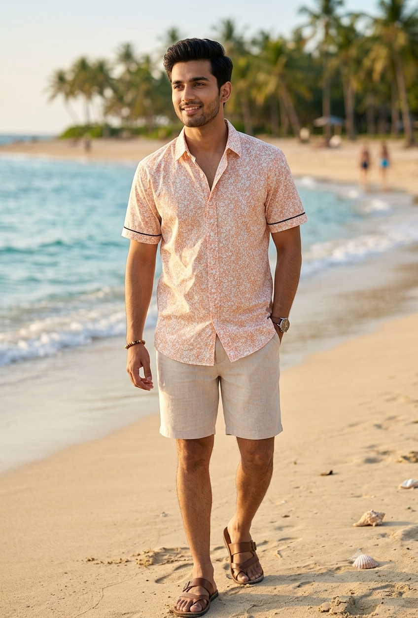 MEN'S DUSTY PEECH PRINTED COTTON CASUAL SHIRT