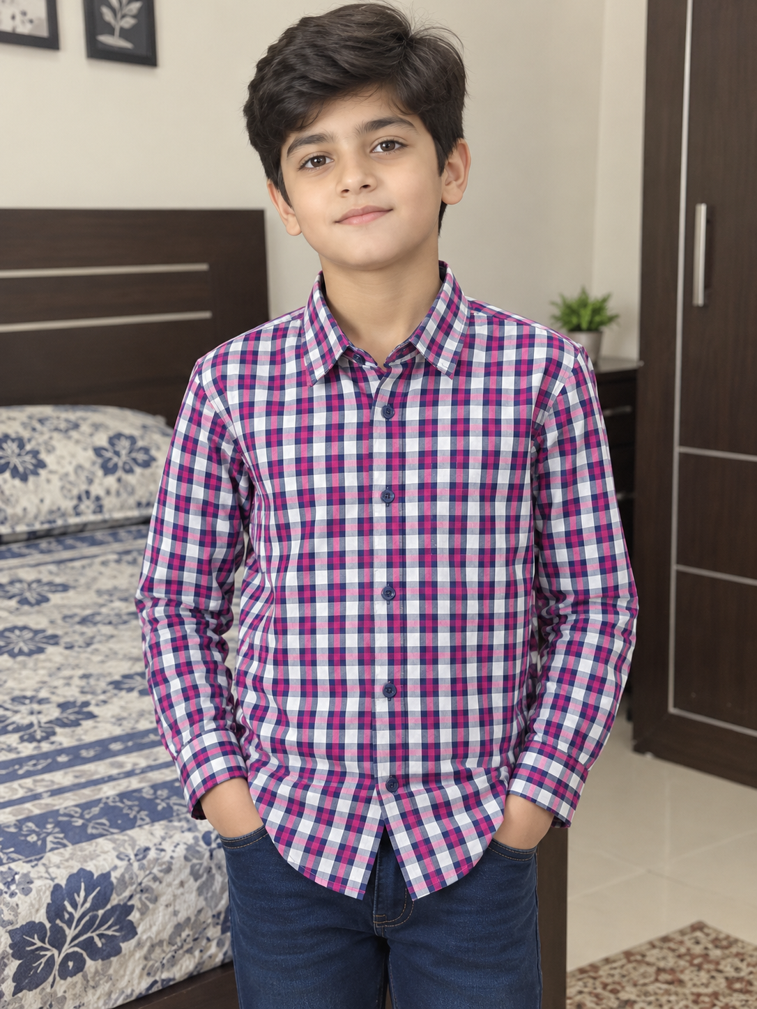 KID'S  RED AND WHITE CHECK CASUAL SHIRT