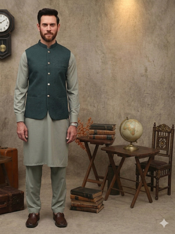 GREEN JAMAWAR MEN'S WAIST COAT