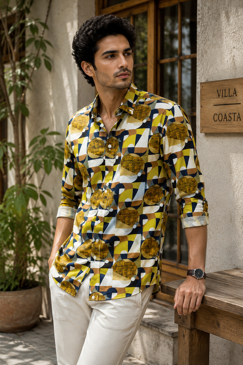 MEN'S MUSTERED GRID PRINTED COTTON CASUAL SHIRT