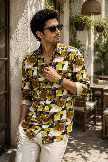 MEN'S MUSTERED GRID PRINTED COTTON CASUAL SHIRT