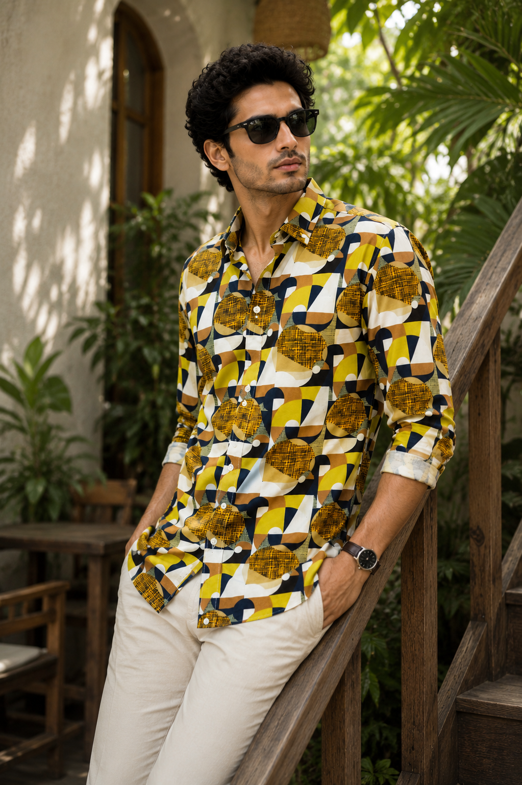 MEN'S MUSTERED GRID PRINTED COTTON CASUAL SHIRT