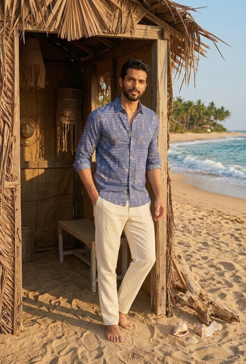 MEN'S NAVY WHITE PRINTED COTTON CASUAL SHIRT