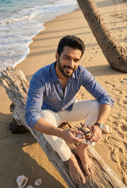 MEN'S NAVY WHITE PRINTED COTTON CASUAL SHIRT