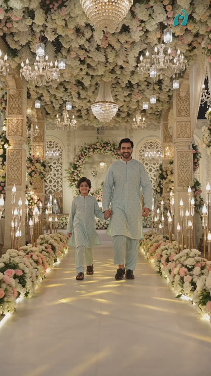 ICE BLUE KID'S EMBROIDED WASH & WEAR KID'S KAMEEZ SHALWAR