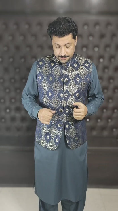 CHARCOAL BLUE EMBROIDERY JAMAWAR MEN'S WAIST COAT