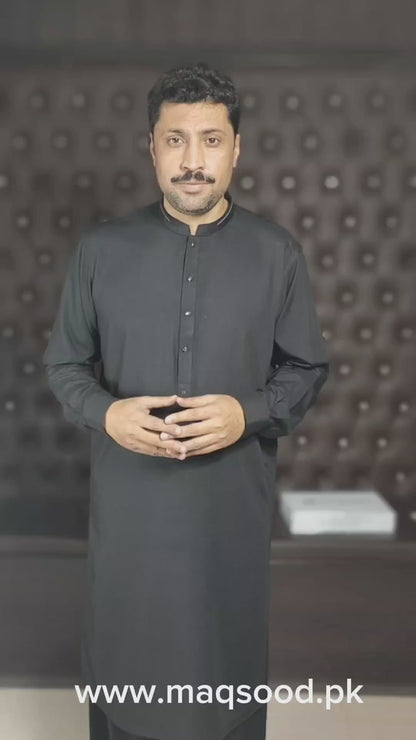 BLACK  WASH & WEAR MEN'S SHALWAR KAMEEZ WITH BLACK BUTTONS