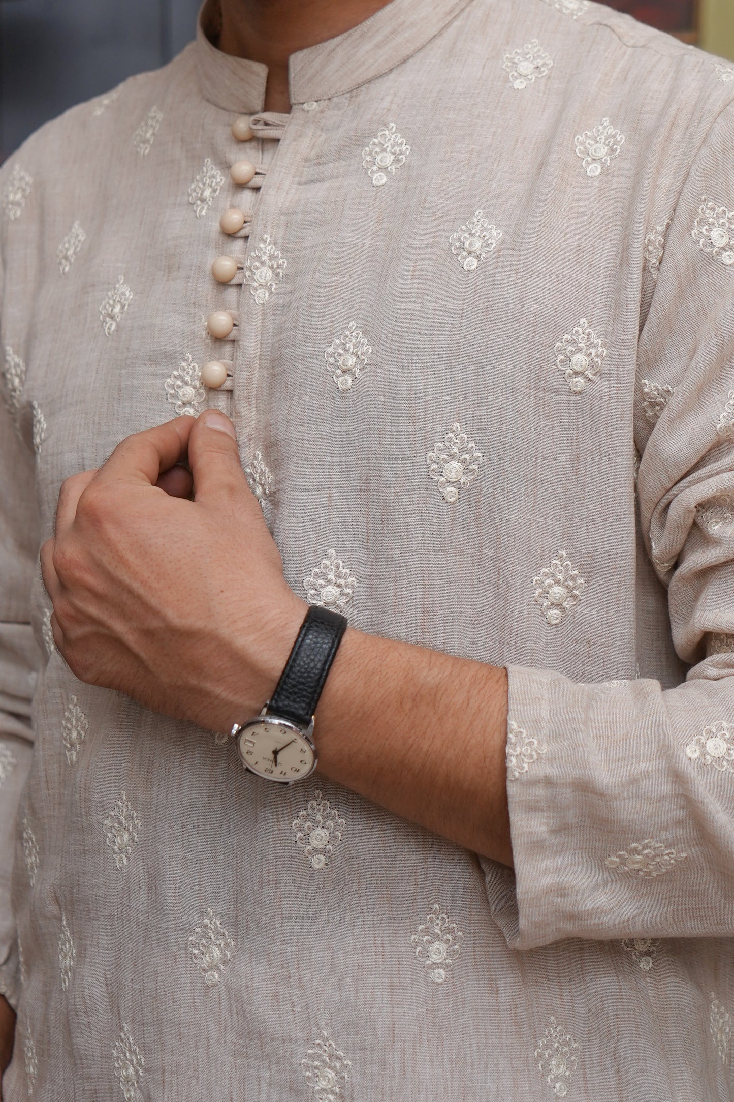 OFF WHITE CHICKEN LINEN MEN'S KURTA