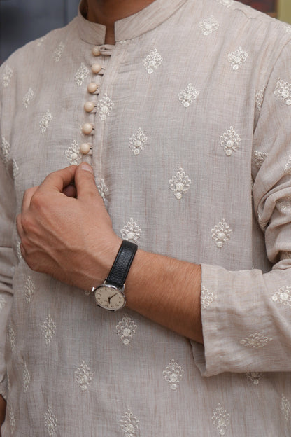 OFF WHITE CHICKEN LINEN MEN'S KURTA