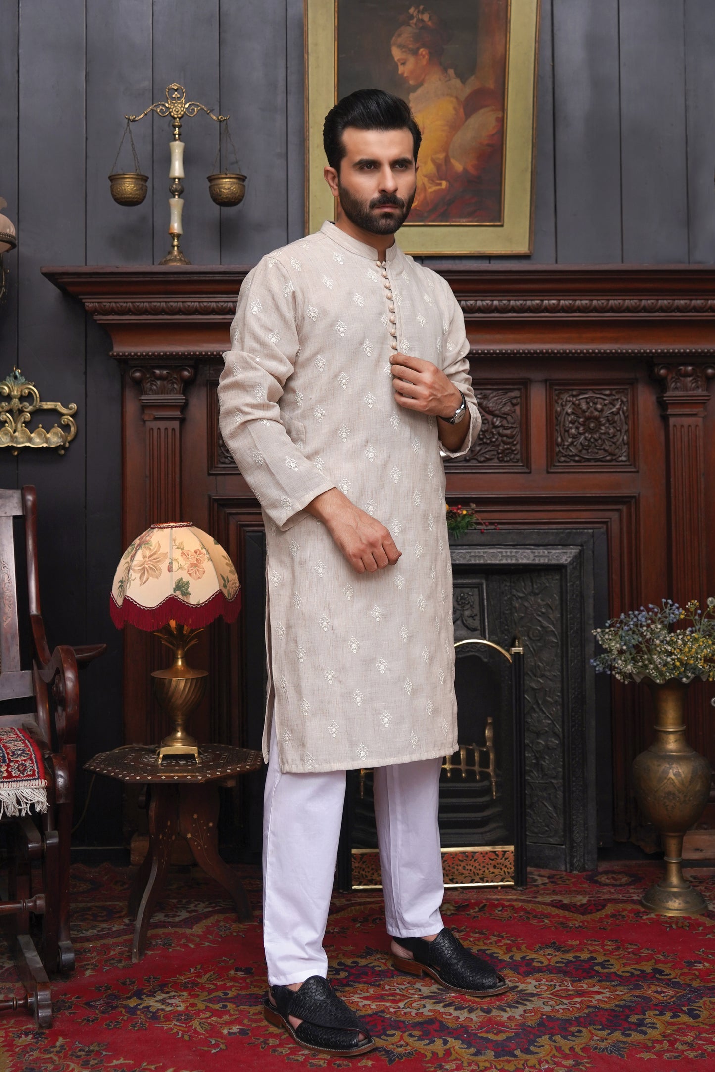 OFF WHITE CHICKEN LINEN MEN'S KURTA