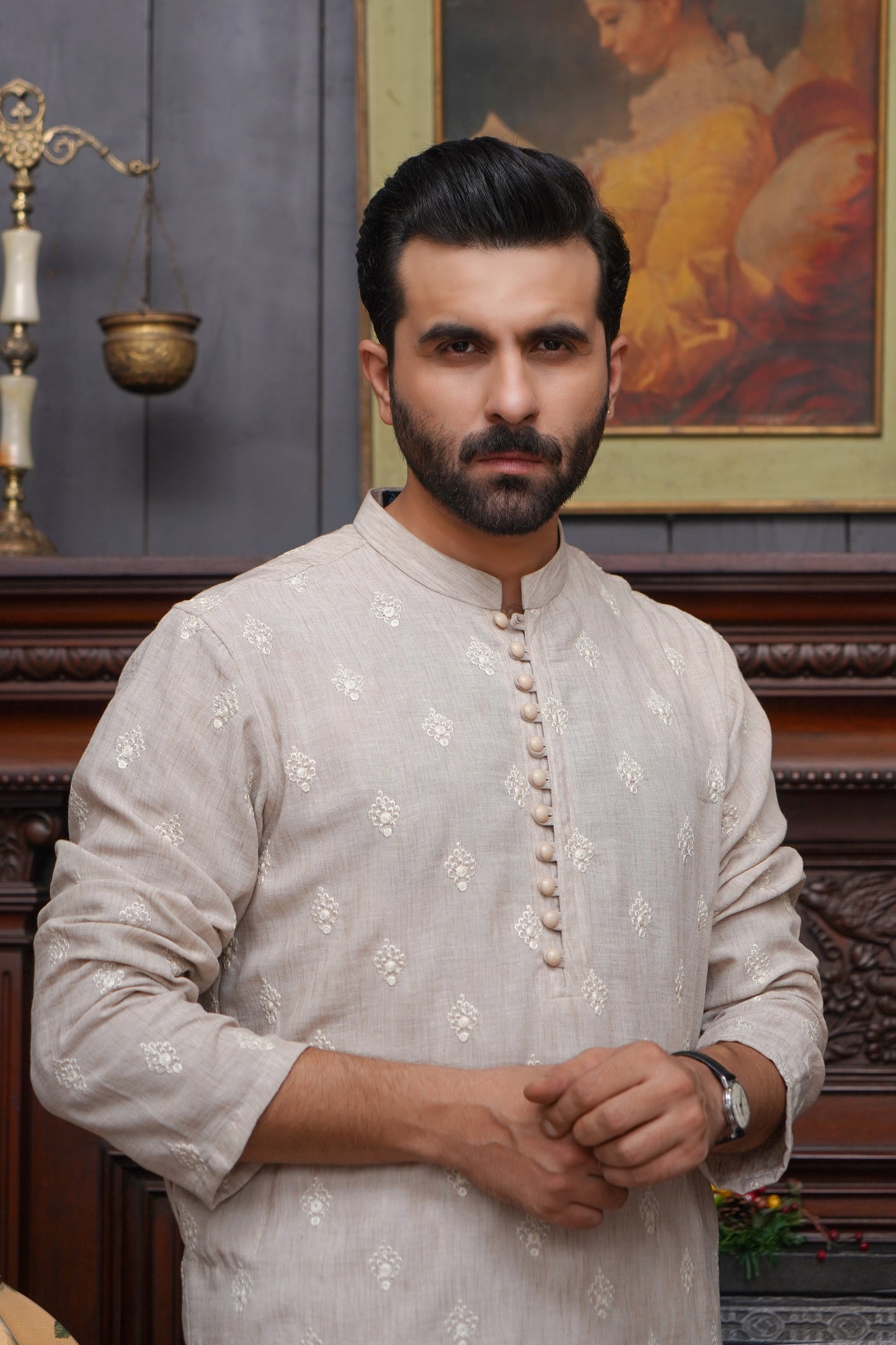 OFF WHITE CHICKEN LINEN MEN'S KURTA