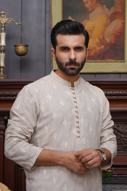 OFF WHITE CHICKEN LINEN MEN'S KURTA