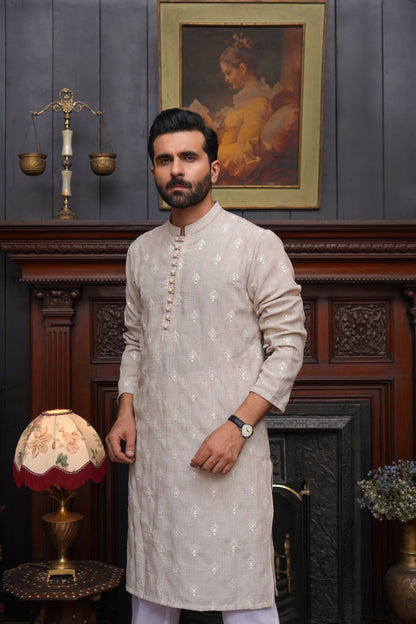 OFF WHITE CHICKEN LINEN MEN'S KURTA