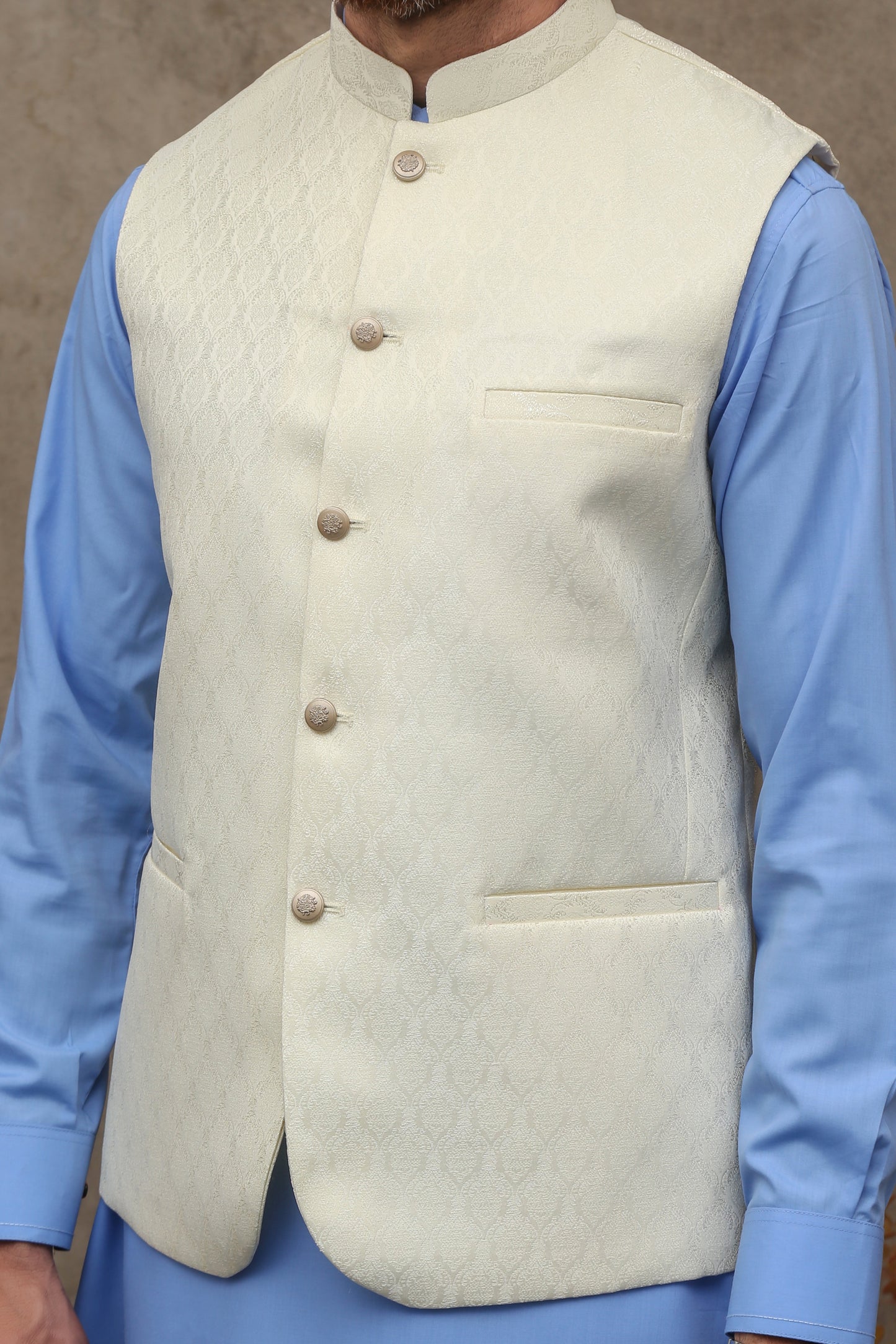 OFF WHITE CREAM JAMAWAR MEN'S WAIST COAT