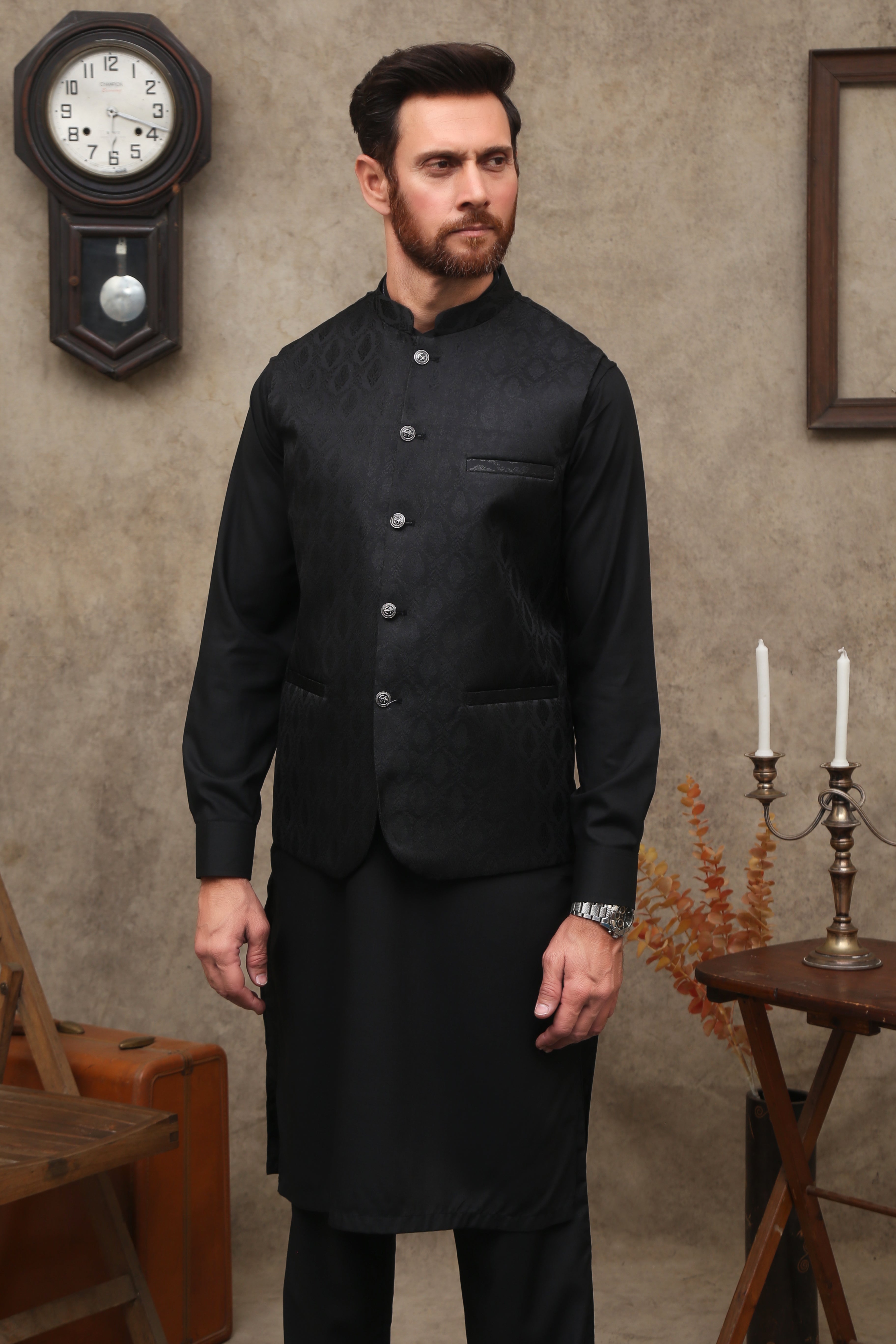 Black shalwar kameez 2024 mens with waistcoat