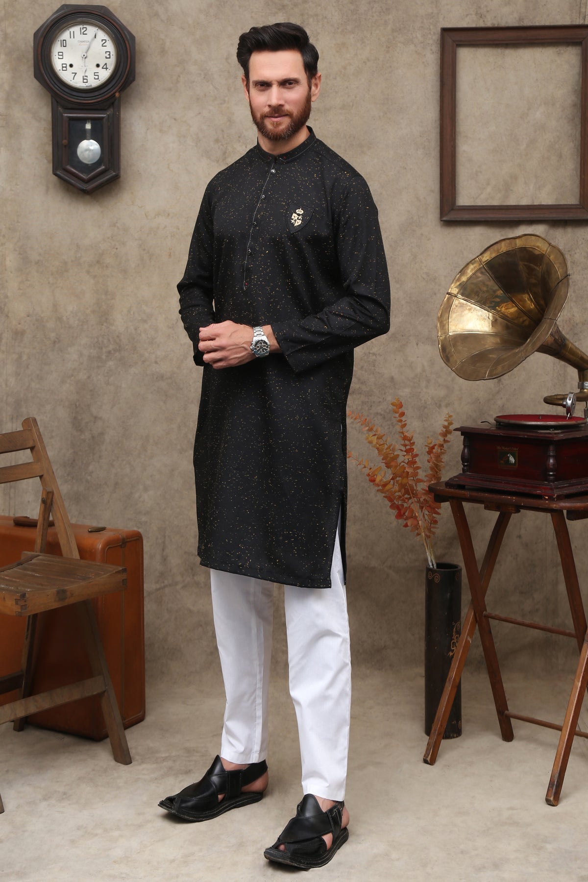 HERREN-BAUMWOLLE-KURTA, SCHWARZ GEPUNKTET