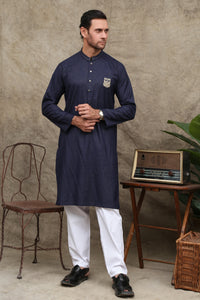NAVY BLUE PATCHED WASH & WEAR MEN'S KURTA