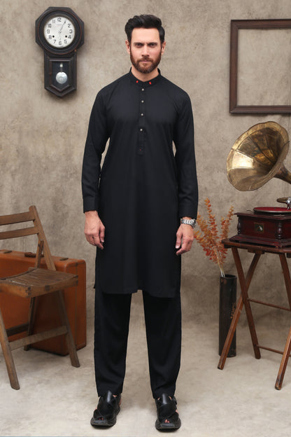 JET BLACK WASH & WEAR MEN'S SHALWAR KAMEEZ WITH RED CONT