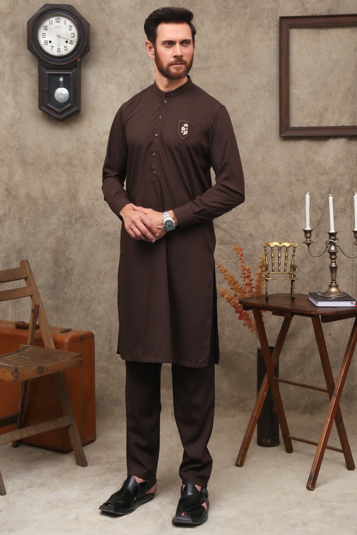 Dunkelbrauner Wash-and-Wear Shalwar Kameez für Herren